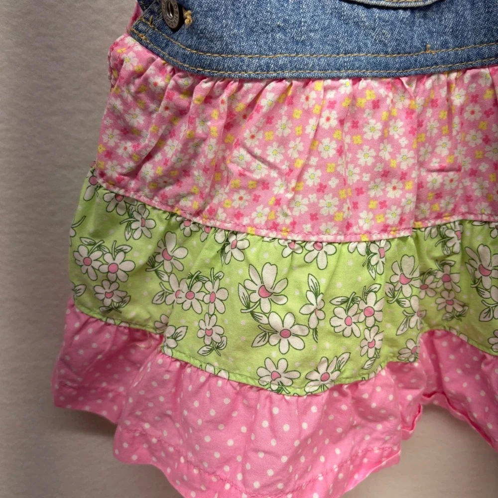 OshKosh B'gosh Baby Girls Denim Overalls Dress‎ Tiered Floral Ruffle Pink Green